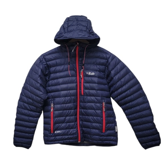 Rab Microlight Alpine Down Jacket Mens Small Navy Blue Hooded Pertex Lightweight - Picture 2 of 11